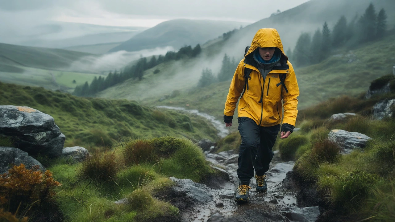 Hiker in waterproof gear on misty mountain trail