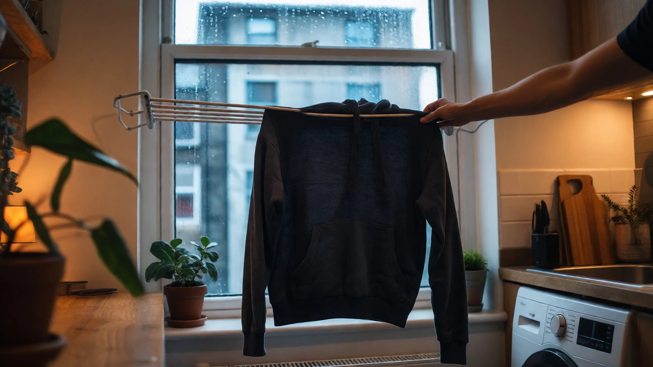 Hoodie being air-dried on a rack inside an apartment with rain outside