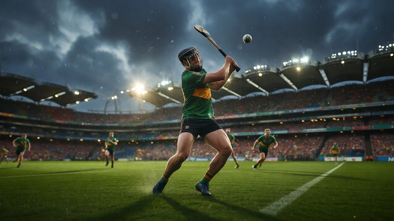 Hurler playing in rain at Croke Park stadium