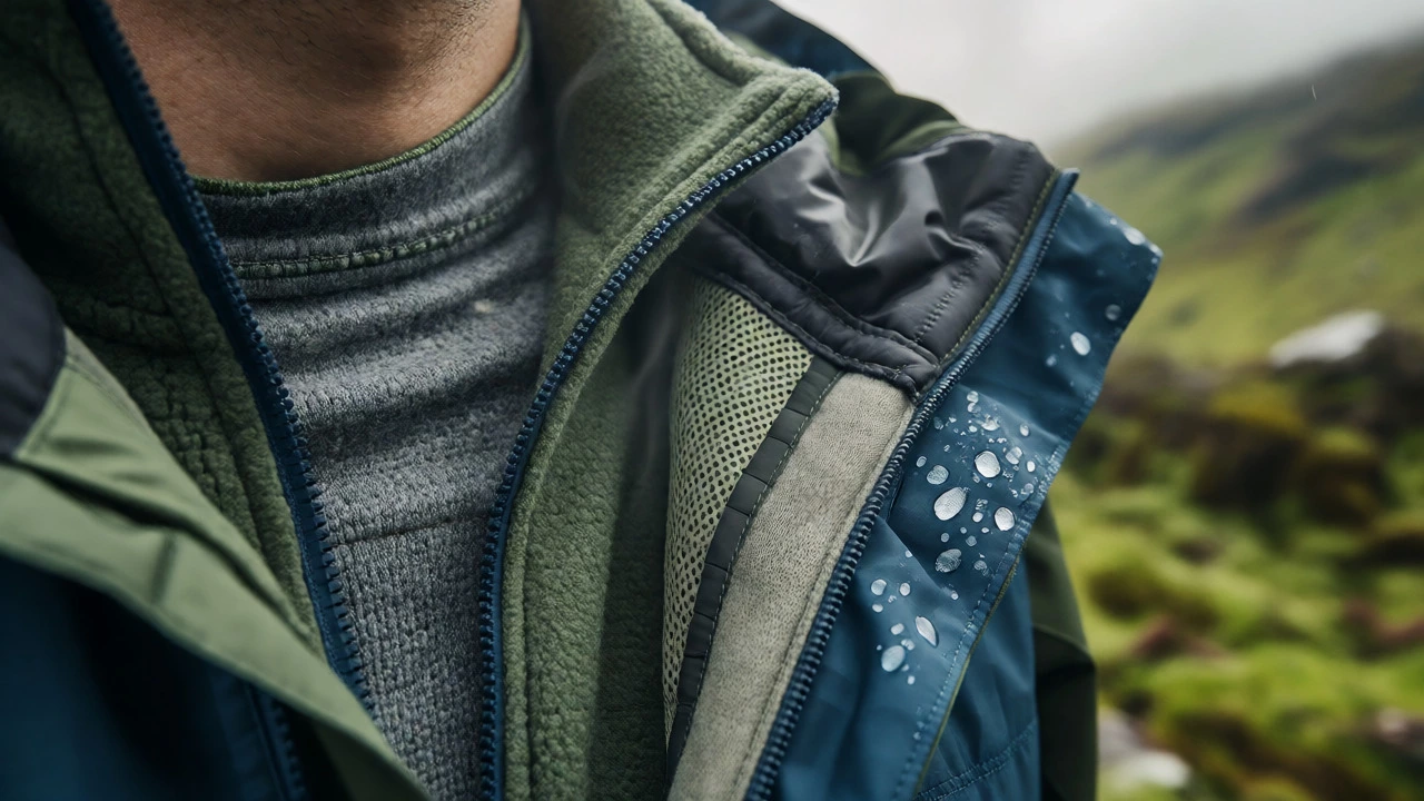 Layered technical sportswear fabrics with water beading on shell
