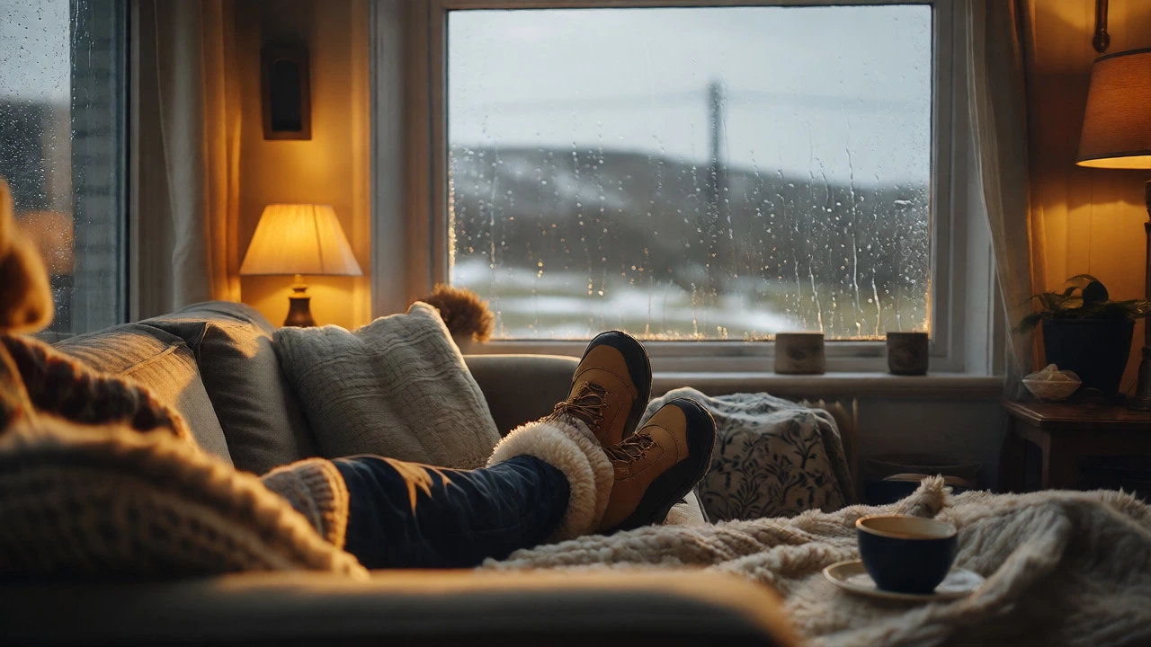 Person relaxing indoors in cozy sheepskin footwear while rain falls outside