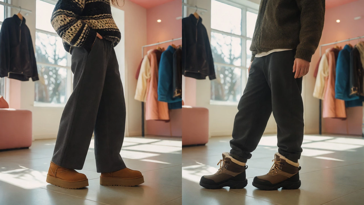 Stylish individuals modeling modern mini UGGs alongside sustainable boot alternatives in a boutique.