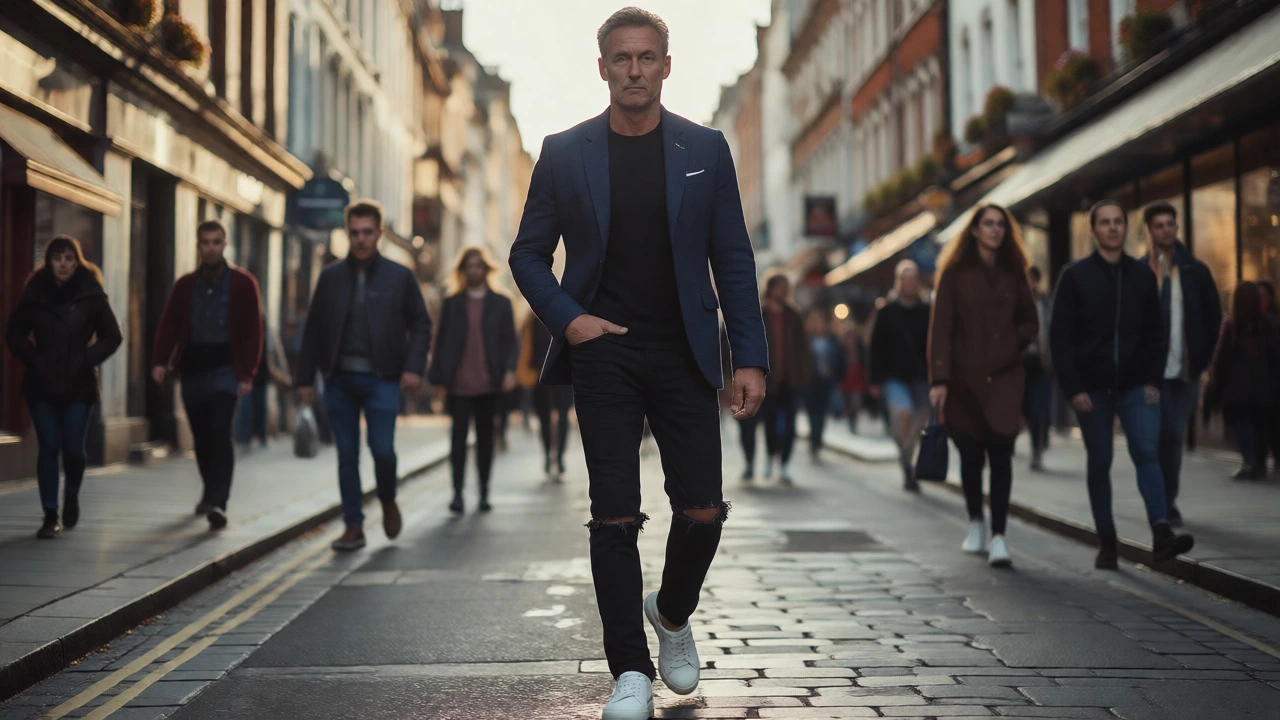 Stylish older man walking on Grafton Street in ripped jeans and a blazer
