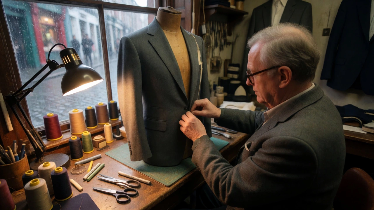 Tailor adjusting a suit jacket on a dress form in a workshop.