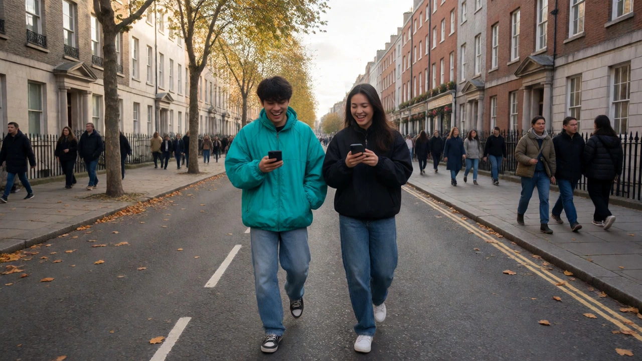 Two people walking on Grafton Street wearing Y2K style windbreakers