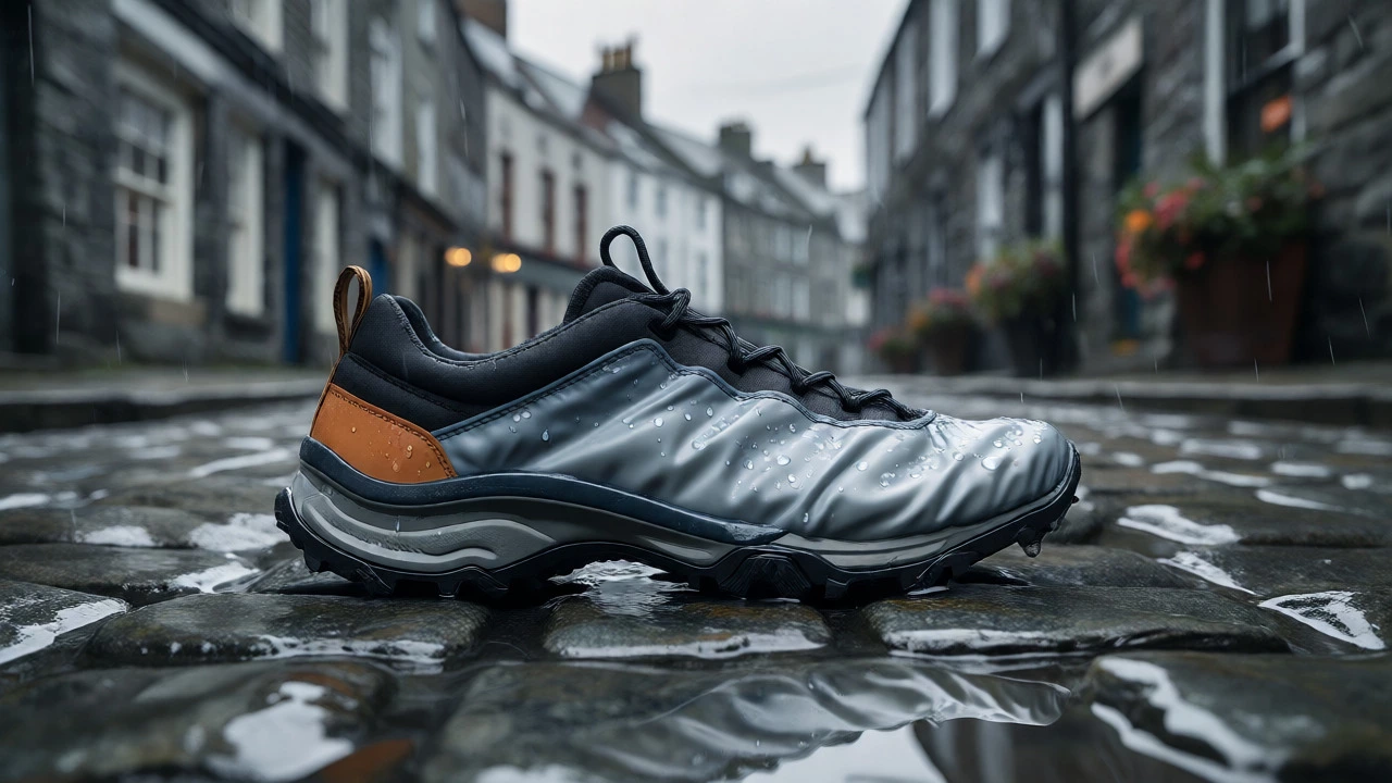 Waterproof hybrid Japanese-style sand on a wet Galway street under grey skies.