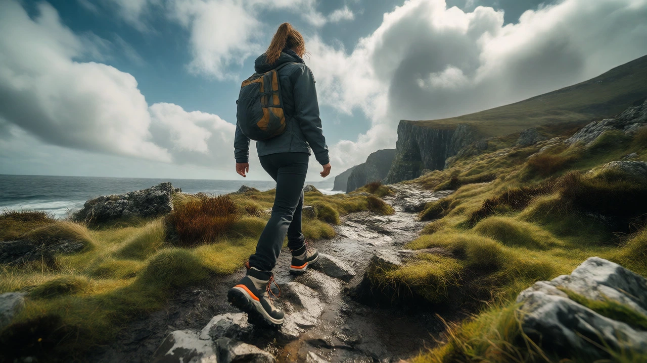 Woman hiking coastal Kerry trail in hybrid boots