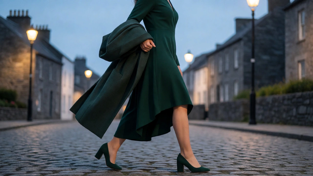 Woman in a green midi dress and block heels walking on Galway cobblestones at dusk.