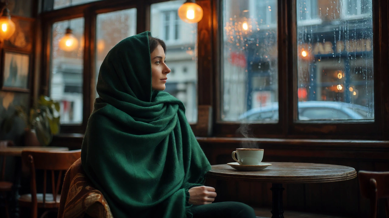 Woman wrapped in a large green cashmere shawl sitting in a cozy café looking out at the rain.