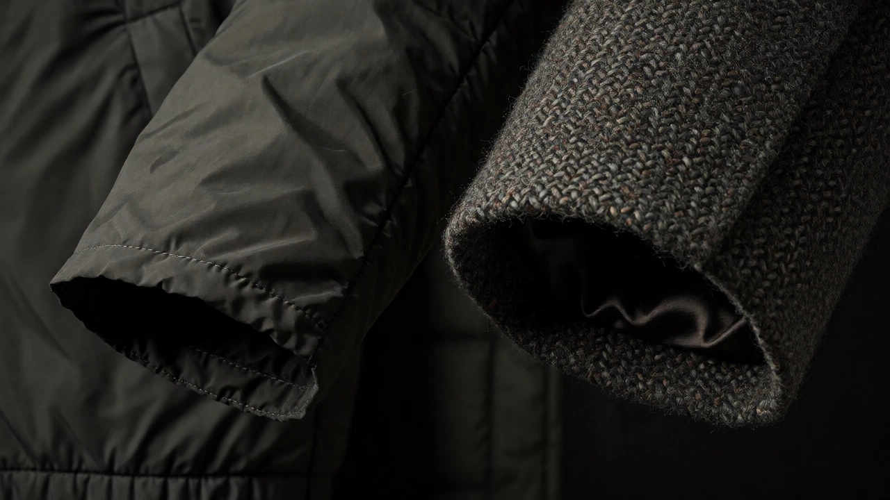 Close-up comparison of lightweight nylon jacket fabric and heavy wool coat lining textures.