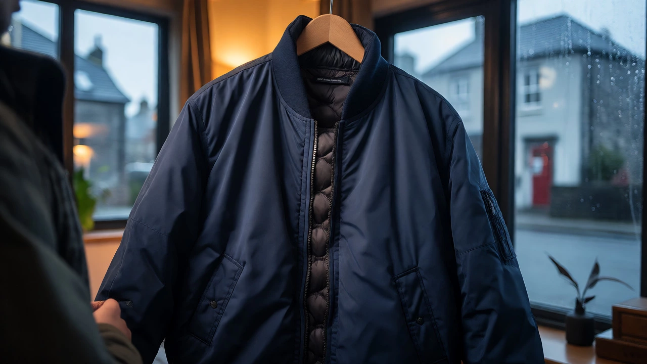 Close-up of a navy waterproof bomber and quilted liner being held indoors.