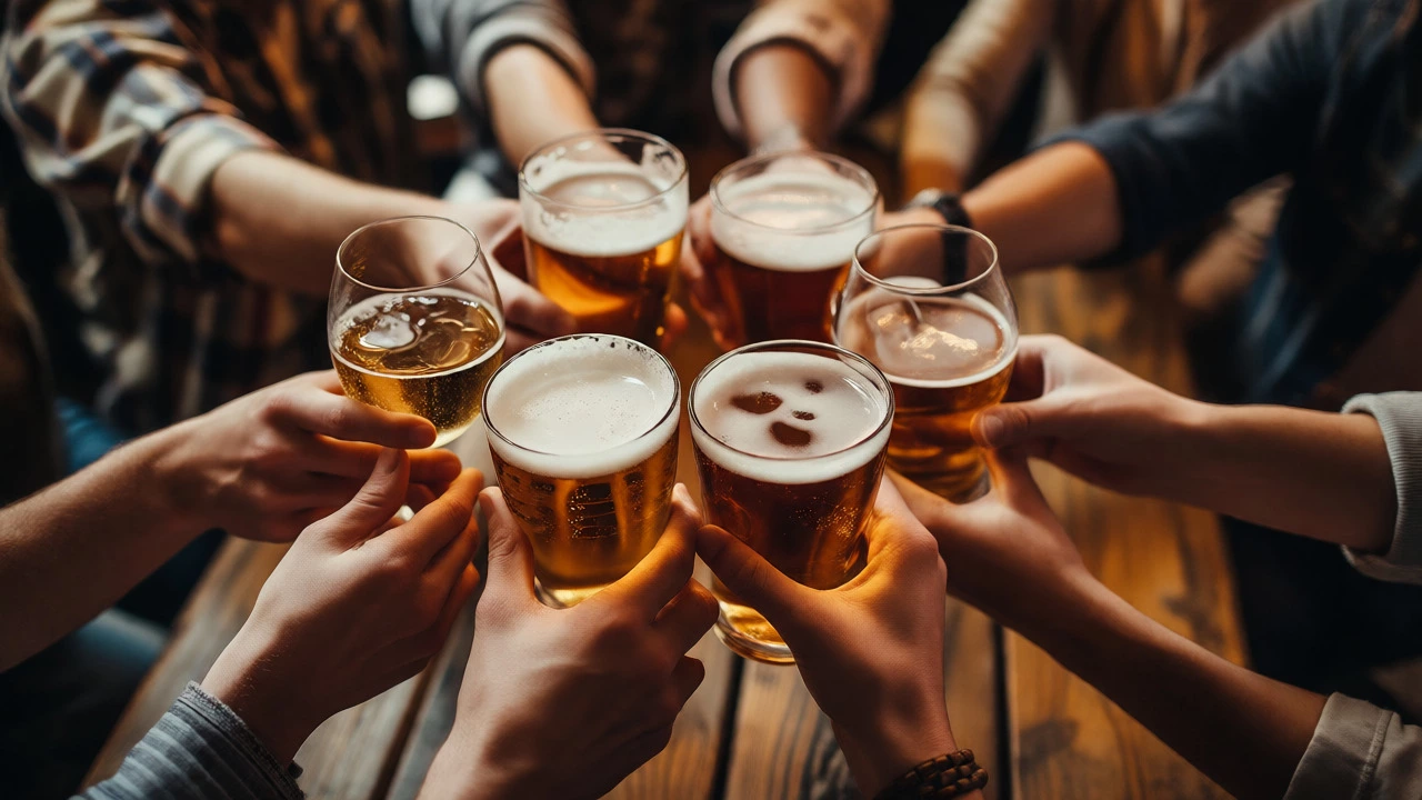 Close-up of hands clinking glasses in a circle without crossing arms in a pub.
