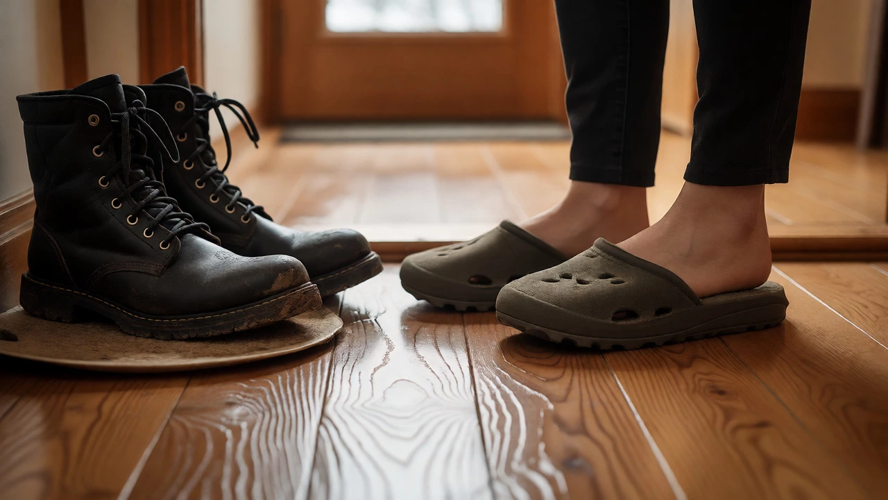 Close-up of muddy boots being swapped for clean indoor slippers on a wooden floor.
