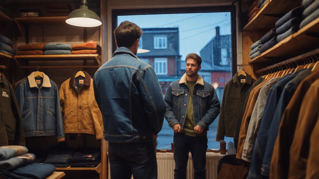Customer trying on a denim workwear jacket in a cozy Galway clothing store