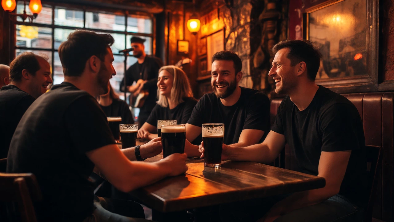 Friends in black t-shirts enjoy drinks in a warmly lit traditional Dublin pub.