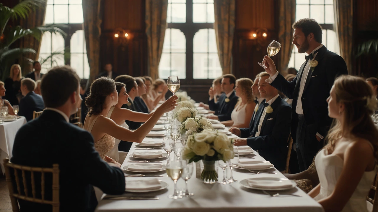 Guests raising wine glasses silently during a formal speech at a London wedding.