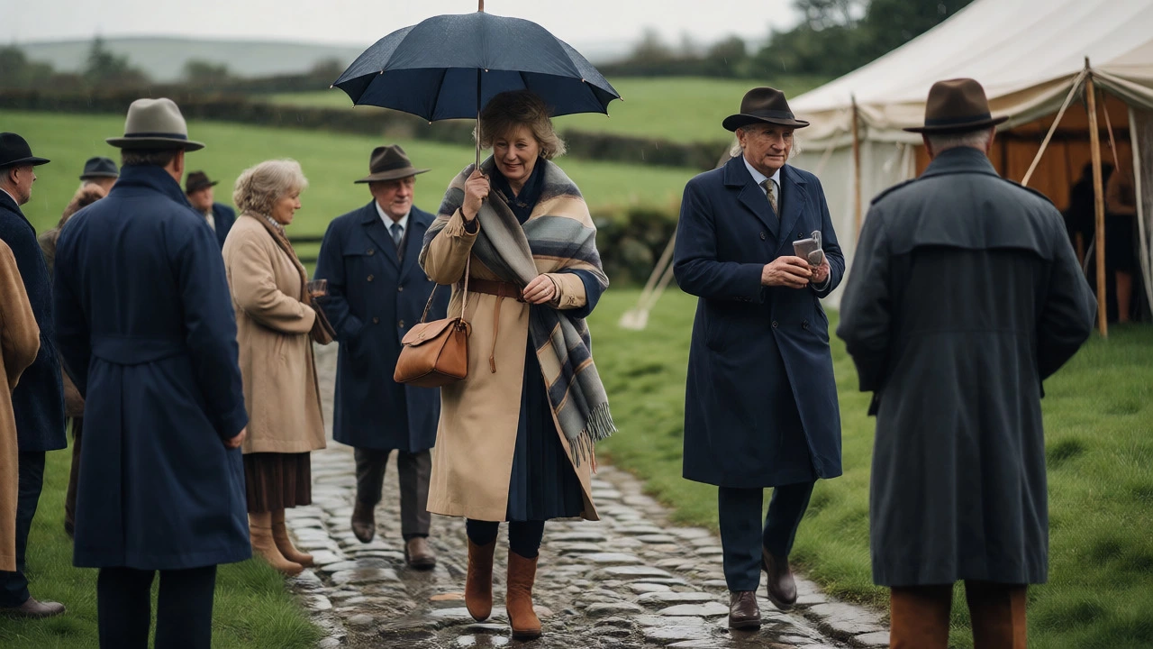 Guests with umbrellas and layers at rainy outdoor event