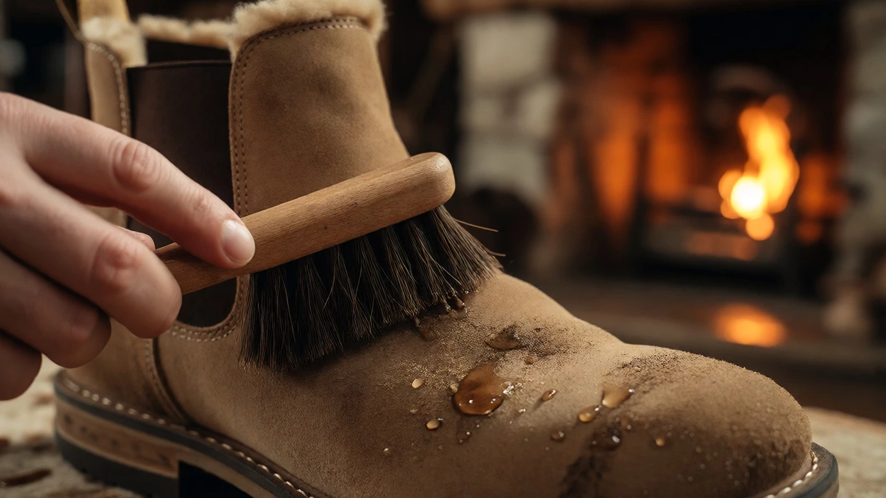 Hand brushing mud off suede sheepskin boots indoors