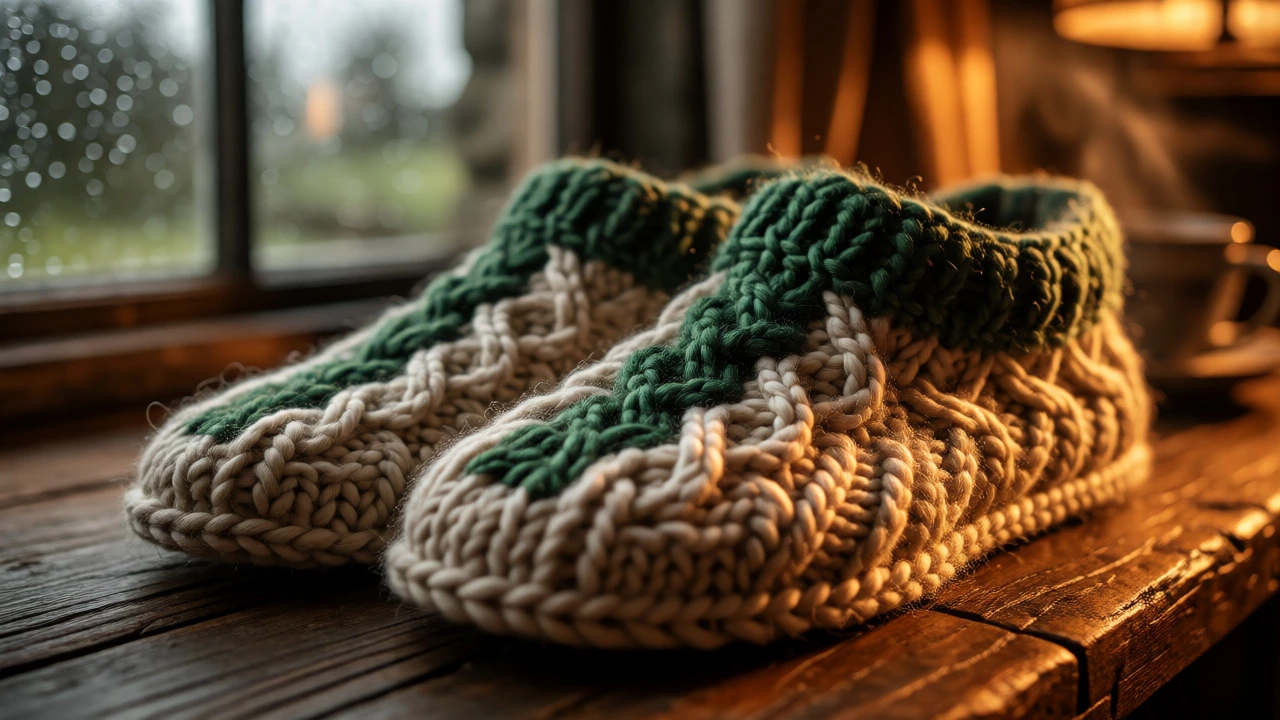 Hand-knitted Aran wool slippers by a rainy window