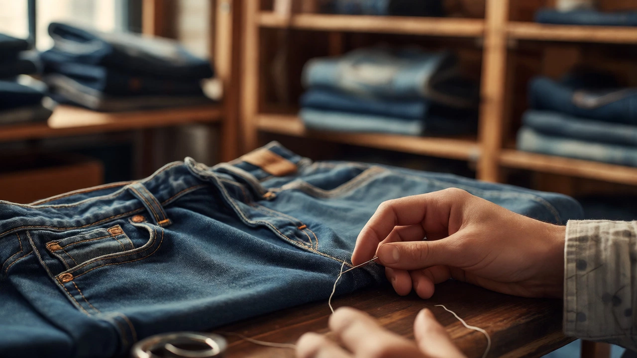 Hands repairing raw denim jeans in a sustainable workshop