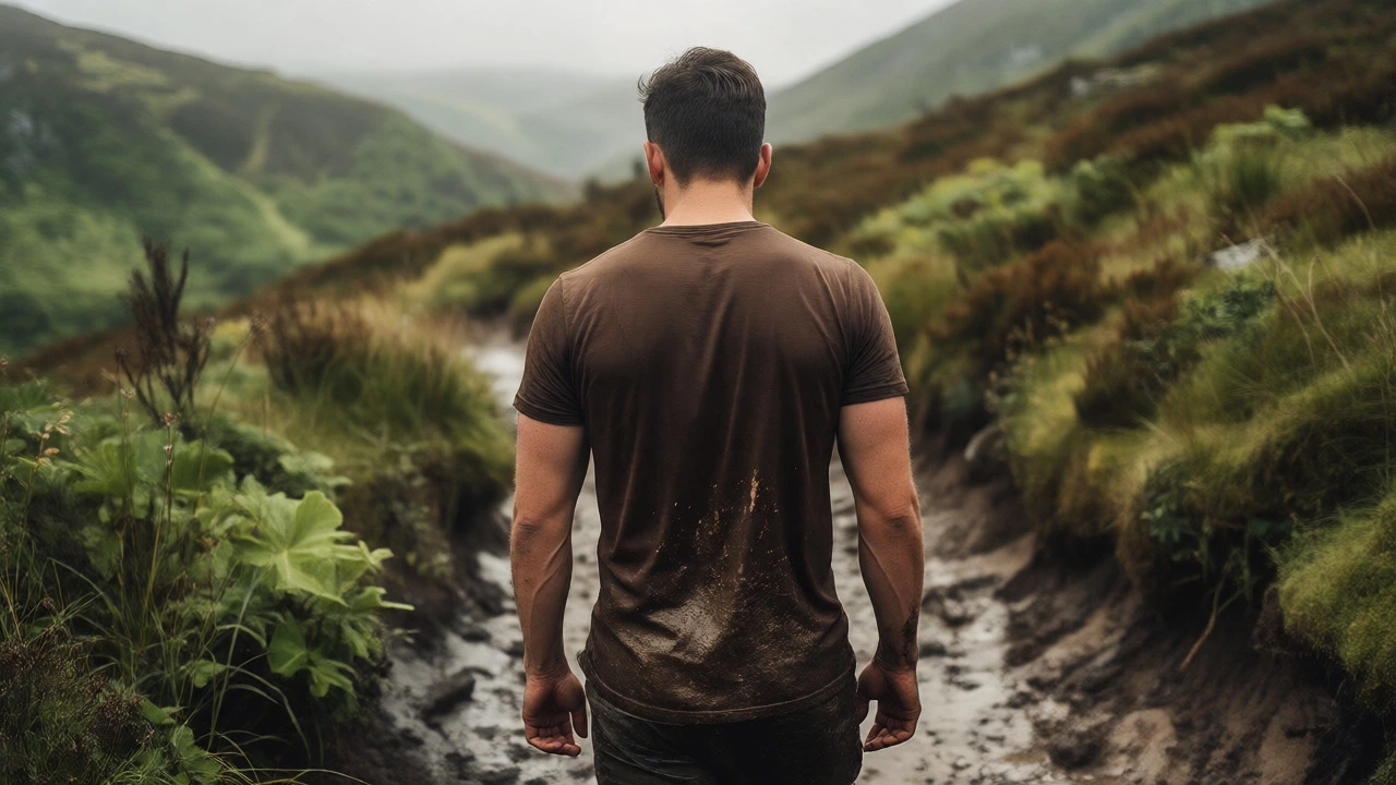 Hiker in a brown t-shirt navigating a muddy trail in Wicklow Mountains