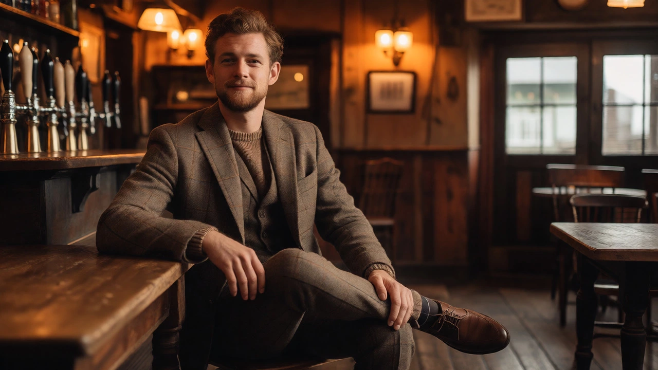 Man in brown tweed suit relaxing in a cozy Irish pub