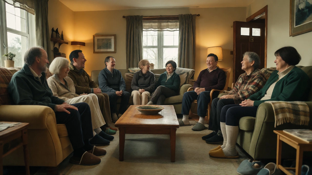 Mixed group of Irish and Chinese friends relaxing in slippers in a cozy living room.