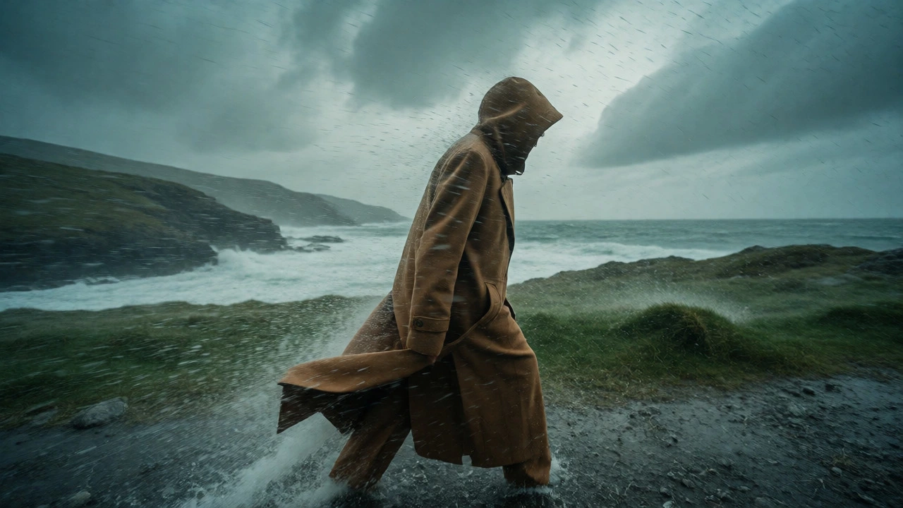 Person in a long trench coat walking through wind and rain on a rocky Irish coast.