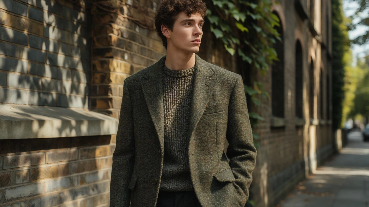 Person wearing an oversized Harris Tweed blazer and wool jumper outdoors.