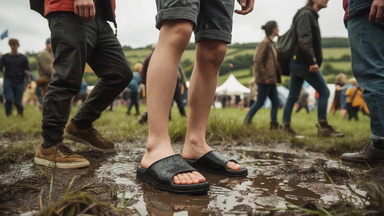 Person wearing waterproof chanclas in a muddy Irish festival field