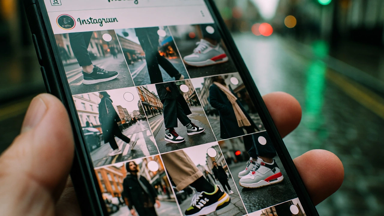 Phone displaying London sneaker slang against a rainy Dublin backdrop