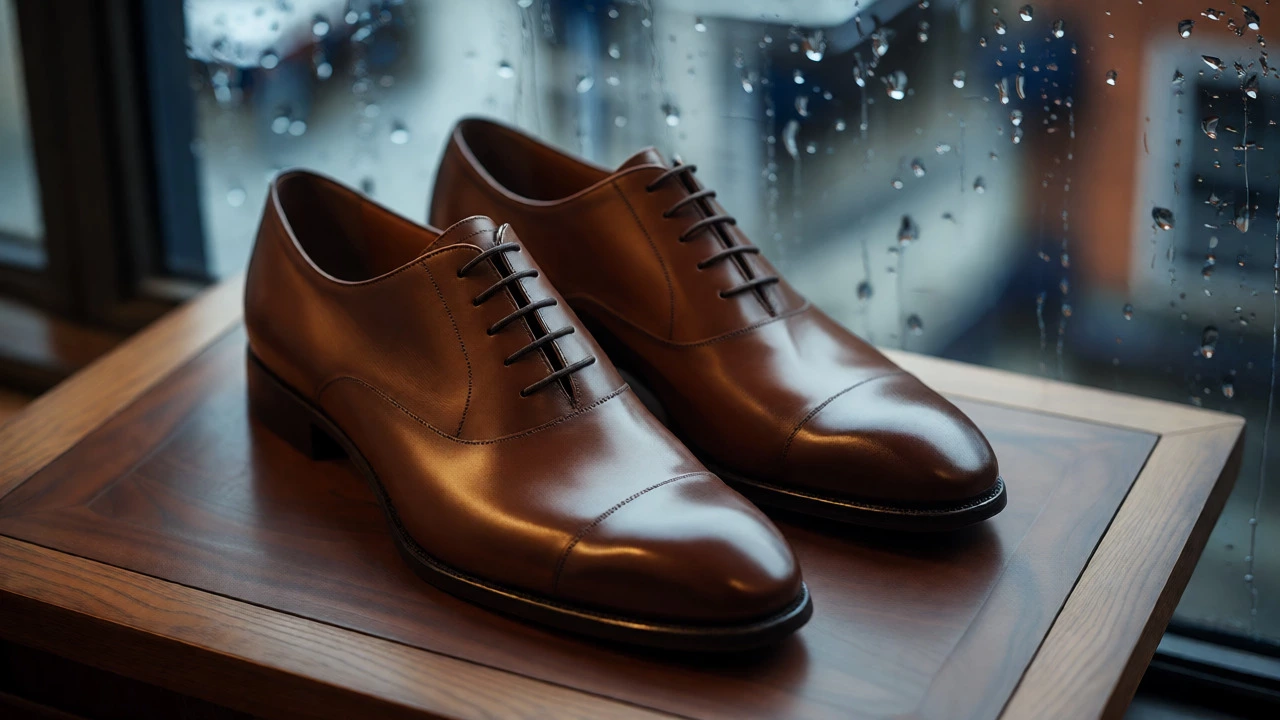 Polished calfskin oxfords on a desk with rain-streaked window view
