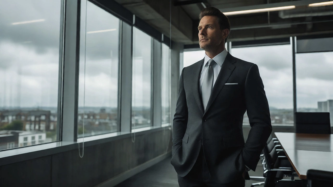 Professional in charcoal grey suit in modern boardroom