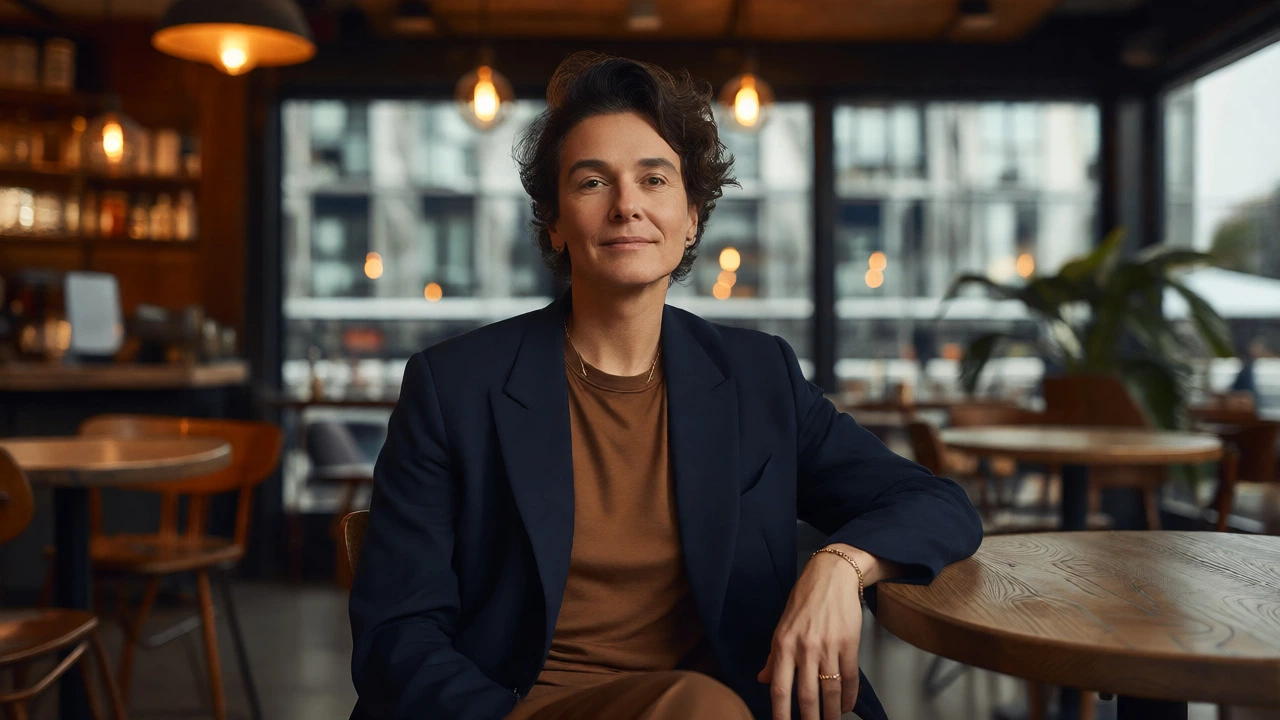 Professional wearing a brown tee and blazer in a modern Dublin cafe