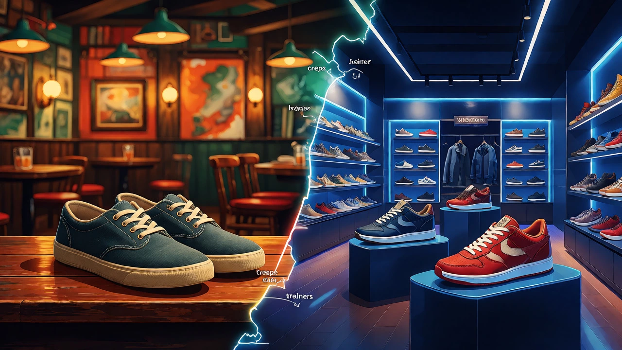 Split scene connecting Irish runners and London kicks via a symbolic line