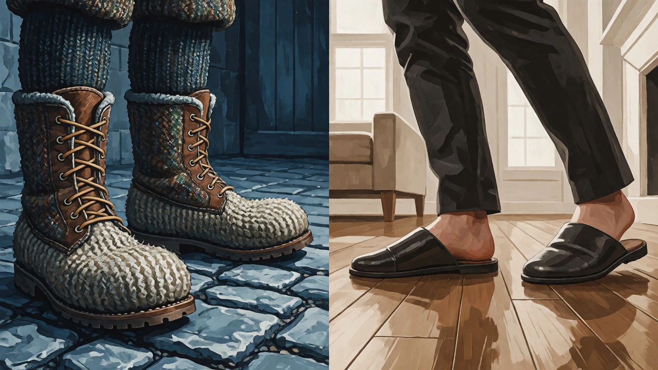 Split view comparing rugged northern botties and southern city slippers.