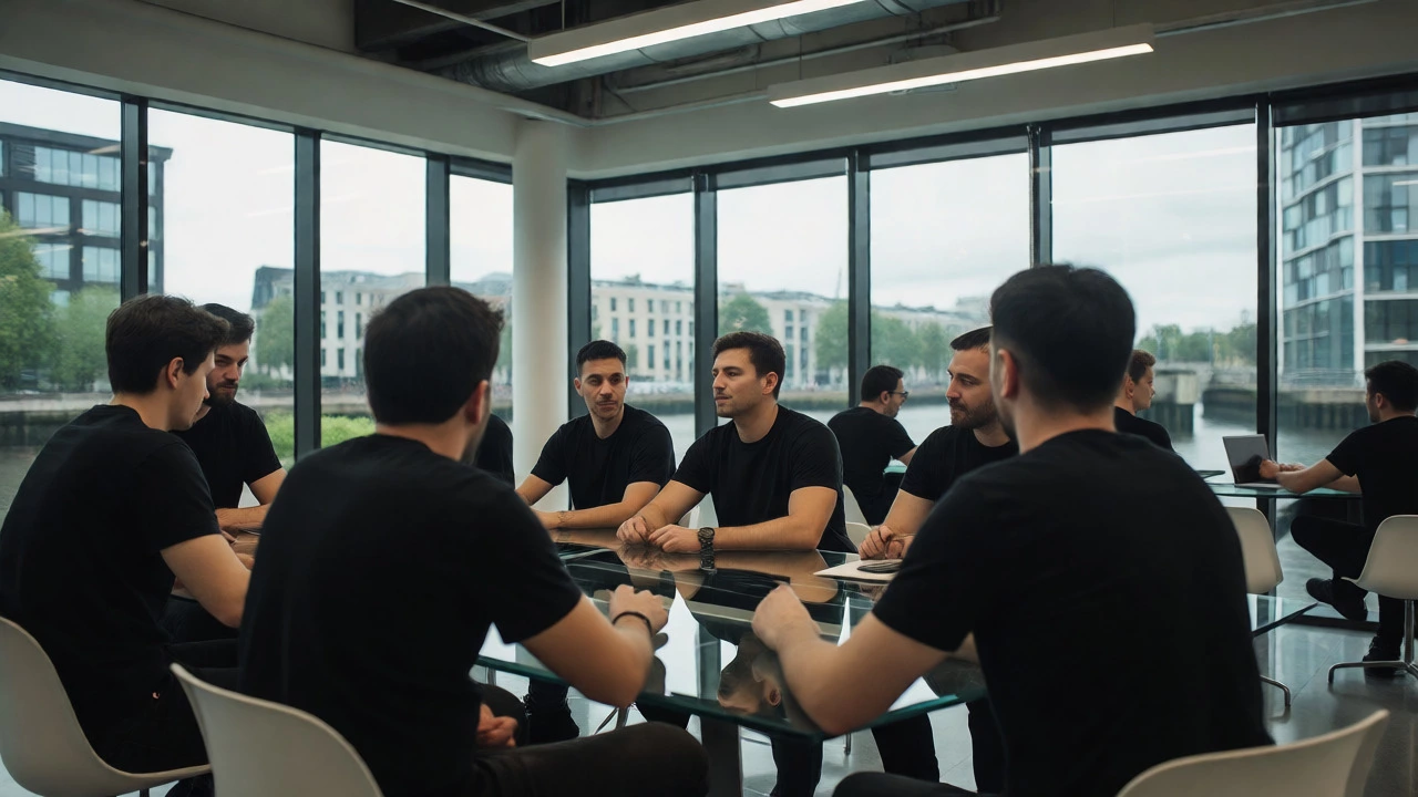 Tech workers in matching black t-shirts collaborate in a bright Dublin office overlooking the river.