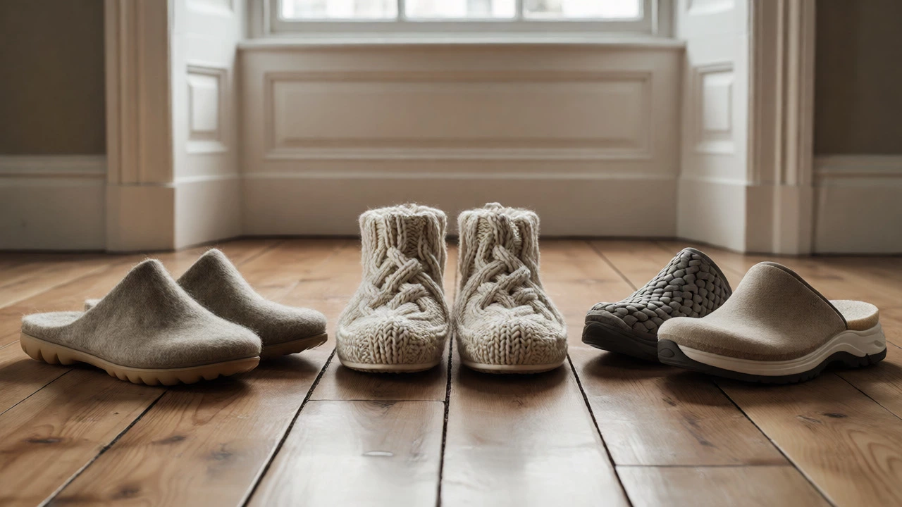 Three types of slippers displayed on a wooden floor in a modern apartment
