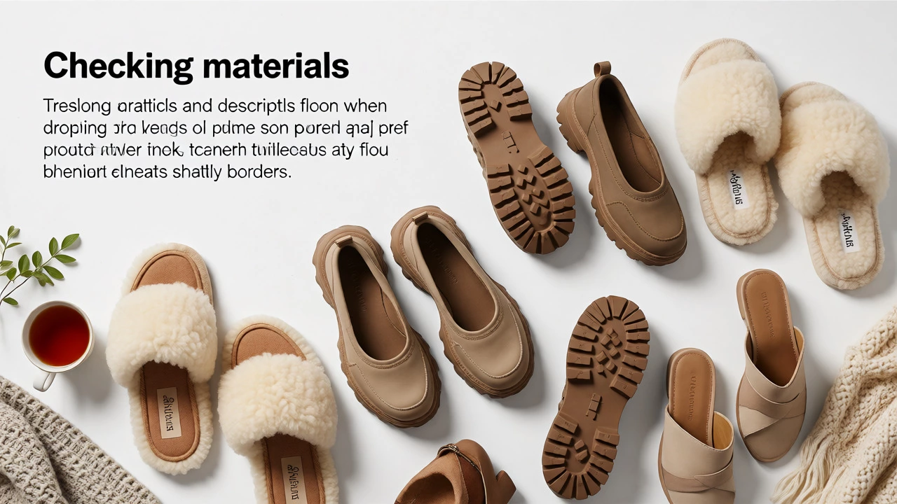 Top-down arrangement of sheepskin slippers, house shoes, and mules with tea.