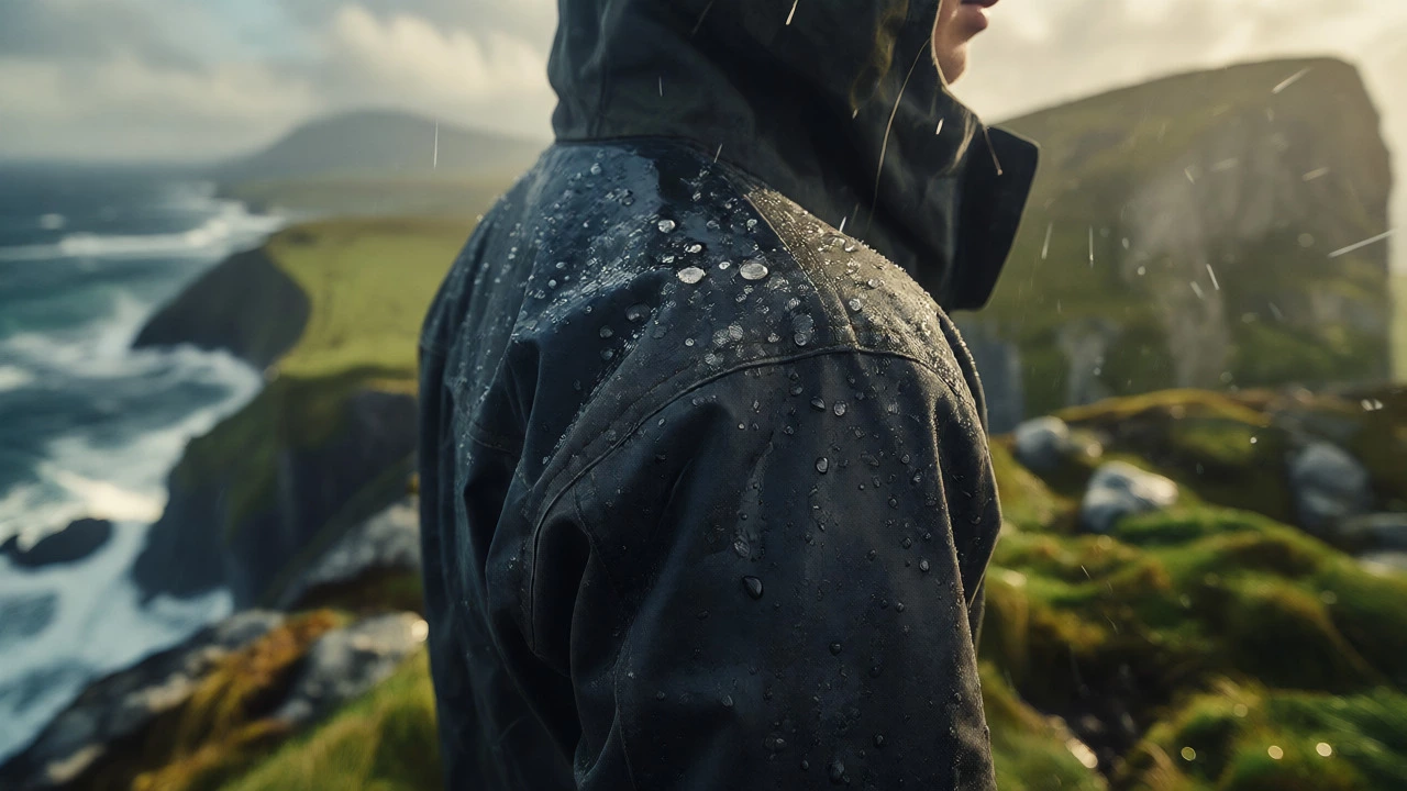 Waxed cotton jacket repelling rain on a windswept Irish coastal cliff