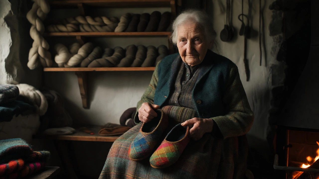 Woman holding tweed slippers in a rustic Donegal cottage
