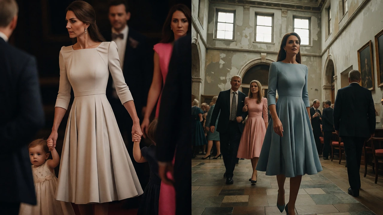 Woman in practical evening dress balancing parenting and social events